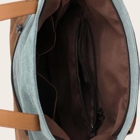 New Boho Canvas grey tan color block vegan leather mini backpack - Picture 9 of 11